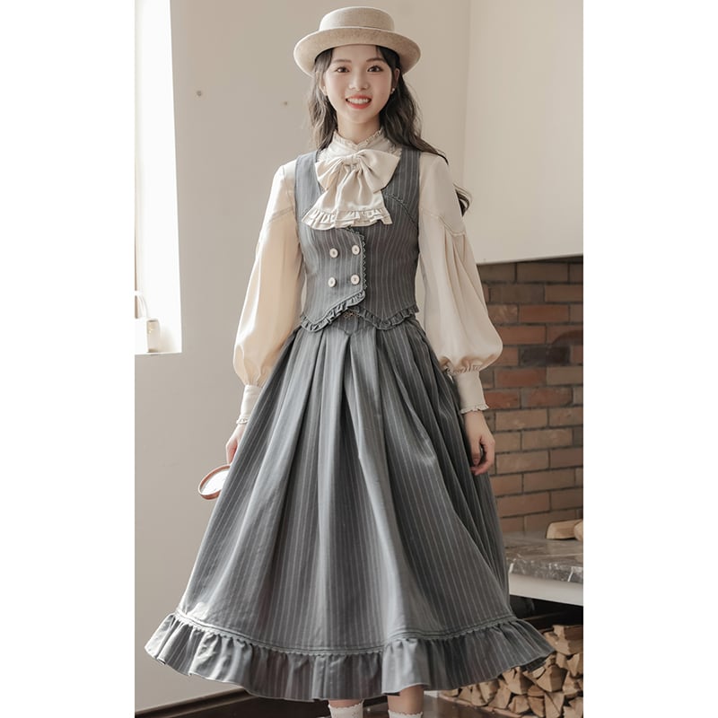 [Minami no Mori Series] ★Skirt★ Bottoms Improves temperament Cute Gray Gray SML XL Vertical stripes Ladies