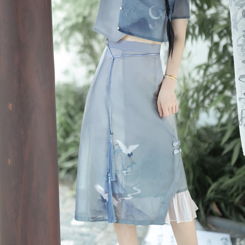 [Dust Smoke Cloud Dream---White Crane Visit Series] ★Chinese style skirt★ Chinese clothes, improved Han clothes, Han clothes skirt, crane, ink pattern