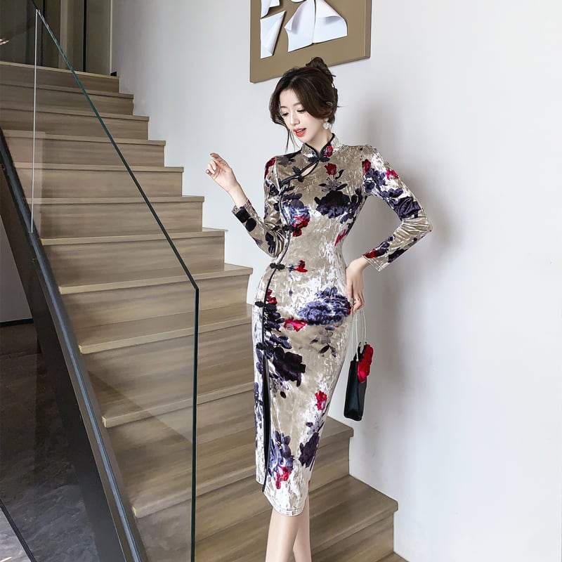 [Hundred Minute Eight Series] ★Cheongsam dress★ Velvet, floral pattern, slimming, sexy, ink pattern dress, improves temperament