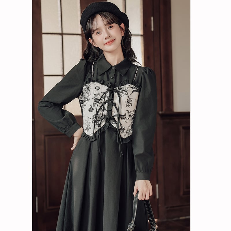 [Shukunsho series] ★China style dress★ 2color fake layered ladies cute retro autumn clothes black coffee color