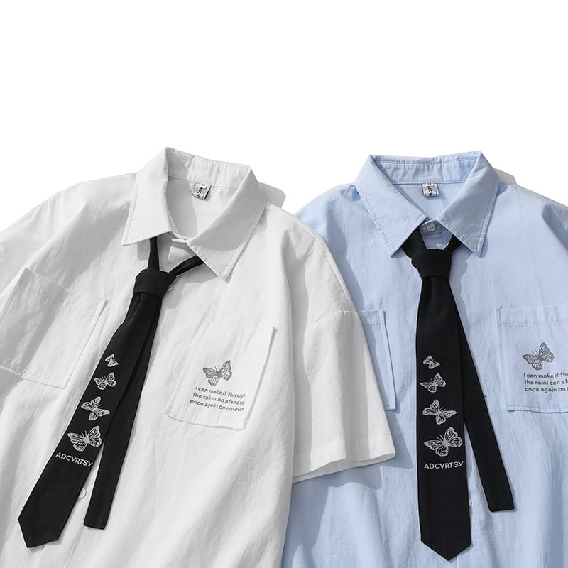 [SEVENSUP Series]★Shirt with tie★ 2color tops short sleeve shirt unisex men's butterfly blue white