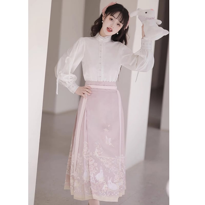 [Kaede bamboo---Hanako rabbit series] ★China style setup★ 2-piece set, long sleeve shirt + windshield skirt, coming-of-age ceremony, everyday wear, white, pink