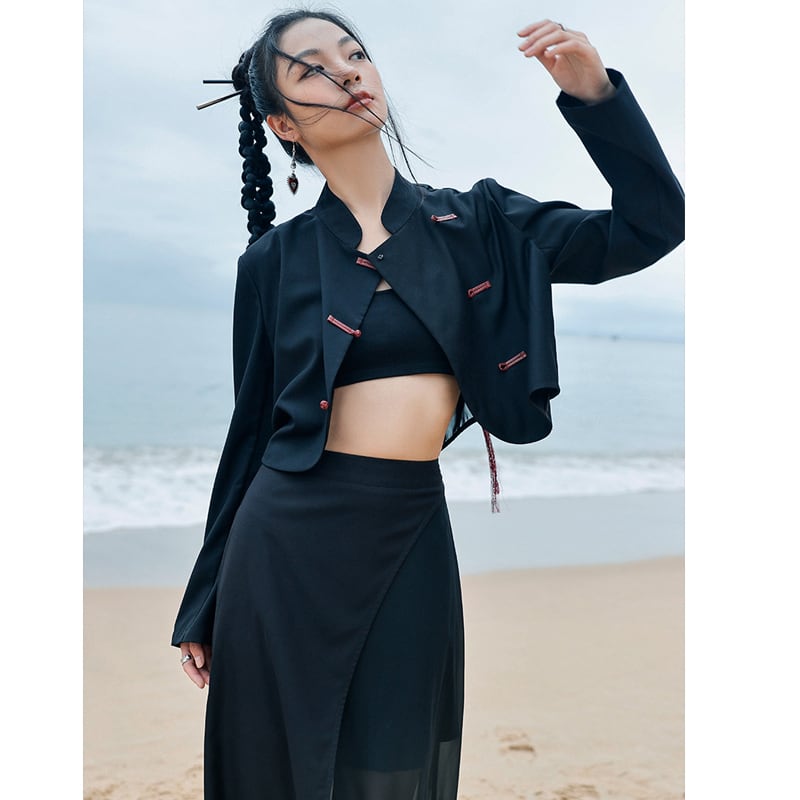 [Daiseiryusu Series] ★China style outerwear★ Tops embroidery black black unique color scheme slimming original