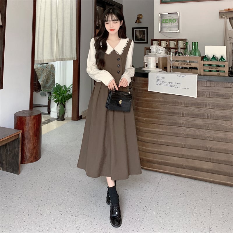 [Dong Xiaojie Series] ★Long Sleeve Dress★ Large Size Women's Dress Faux Layered Dark Brown