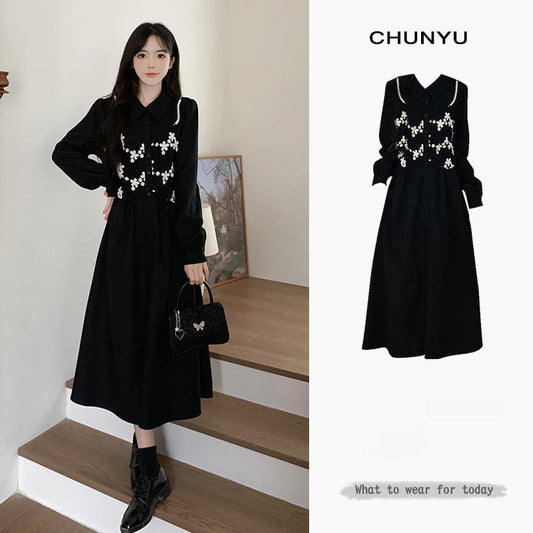 [CHUNYU Series] ★Dress★ Switchable long sleeve dress Floral pattern Black Black Large size Slimming and improving your temperament