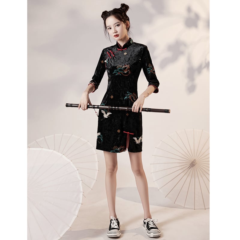 [YUEQIAO Series]★Cheongsam dress★Short length crane velvet Chinese style dress slimming