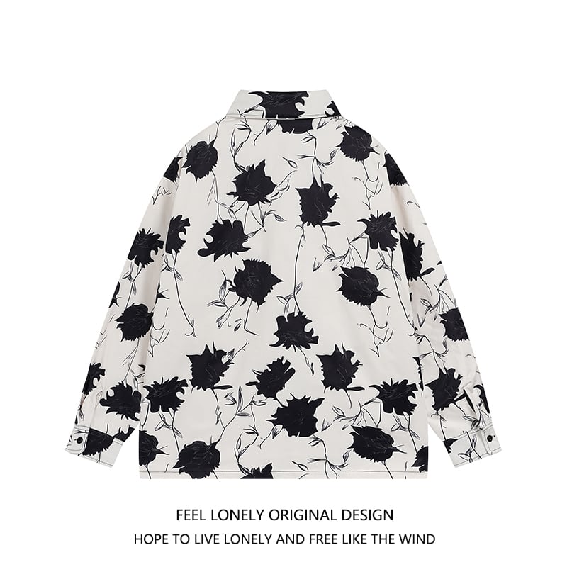 【Feel lonelyシリーズ】★長袖シャツ★ 2color トップス 花柄シャツ 男女兼用 メンズ ブラック ホワイト