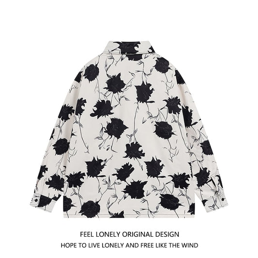 【Feel lonelyシリーズ】★長袖シャツ★ 2color トップス 花柄シャツ 男女兼用 メンズ ブラック ホワイト