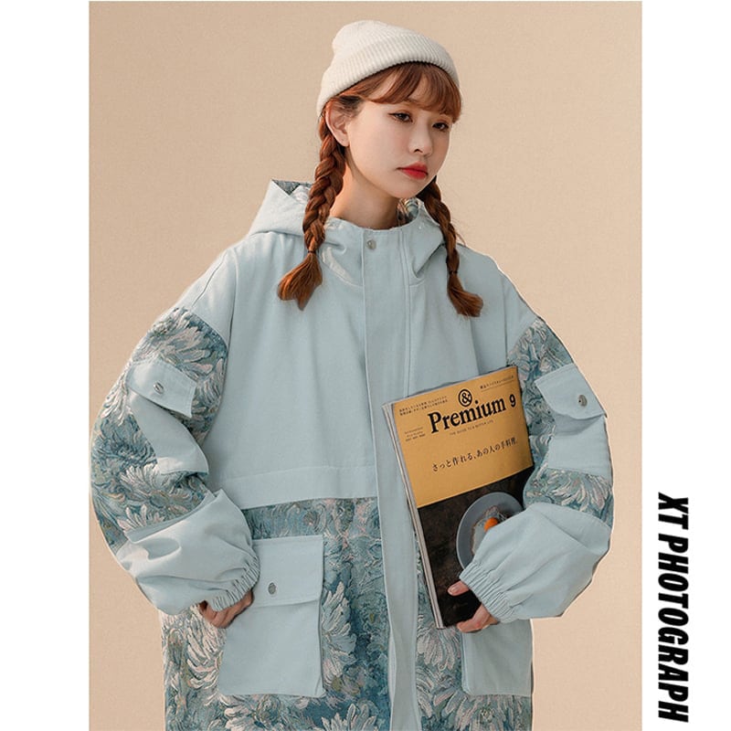 [Fujiiman Series]★Jacket★ Outerwear 2color Floral Pattern Switching Unisex Unique Large Size Beige Blue