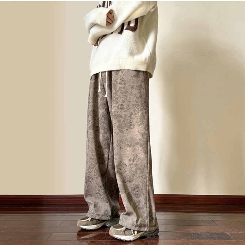 [V37 Series]★Casual Pants★ Brushed lining available 2color Floral pattern Unisex Men's Brown Gray