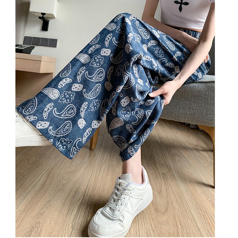 [FENGLIN Series] ★Casual Pants★ Bottoms Trousers Cool Blue Blue Slimming Print Summer Clothes Paisley