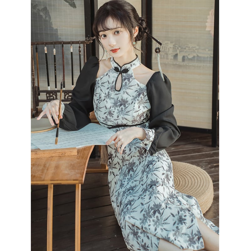 [Only you series] ★China style dress★ Improved cheongsam dress, off-the-shoulder ink pattern, slimming wear, date photo shoot