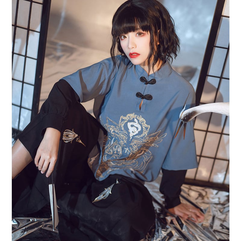 [Kyodo Series] ★China style tops★ Embroidered unisex costume couple clothes men's blue black large size