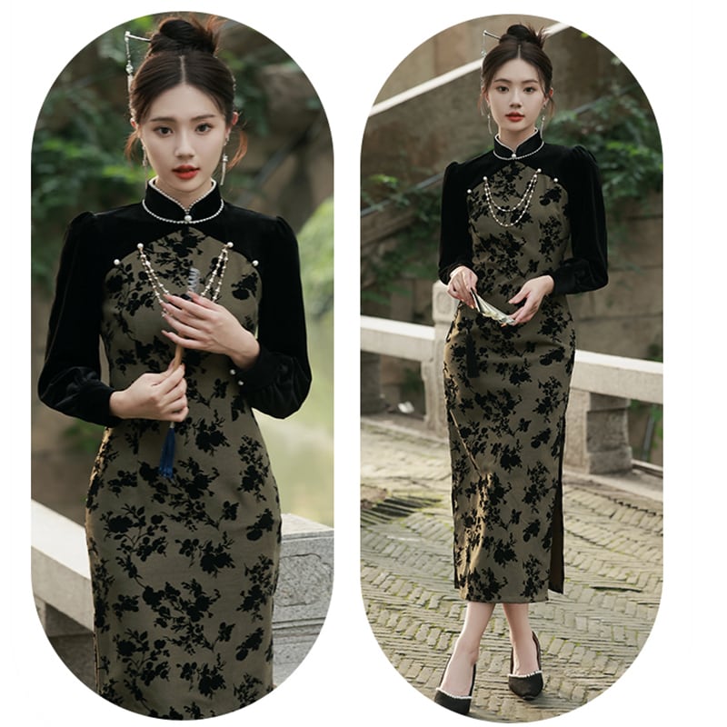 [RUYUN Series] ★Cheongsam Dress★ 2color Switching Velvet Temperament Enhancement Floral Pattern Chinese Style Dress