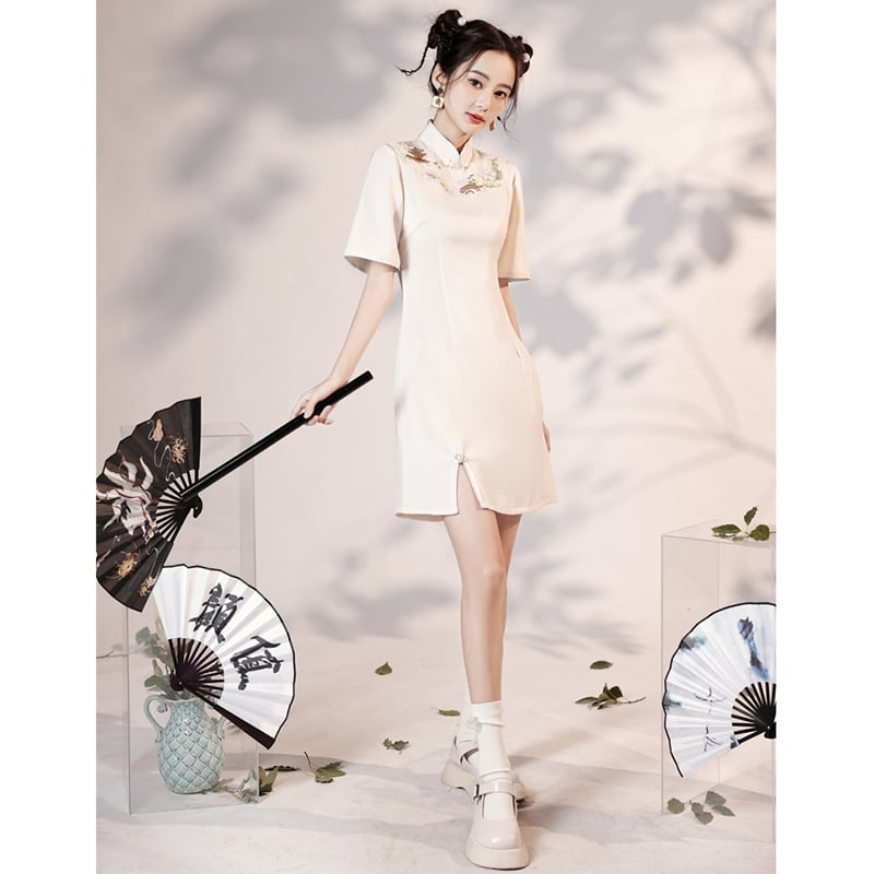 [YUEQIAO series] ★Cheongsam dress★ Short length embroidery Chinese style dress Chinese clothes White White