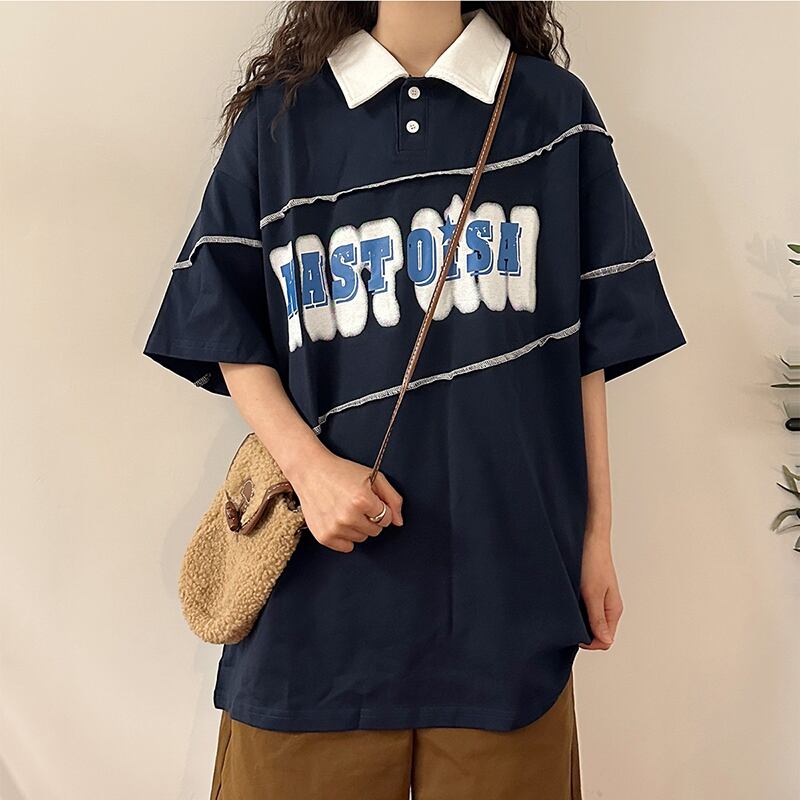 [UATONLINE Series] ★POLO Shirt★ Tops Alphabet Stylish Unisex Men's Navy Cotton Summer Clothes