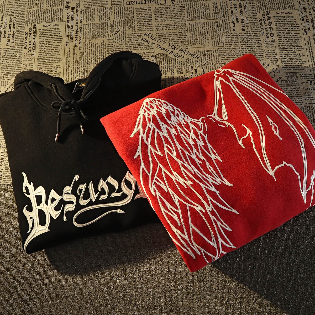 [Baraba series] ★Fleece-lined hoodie★ 2color tops unisex men's casual wings red black