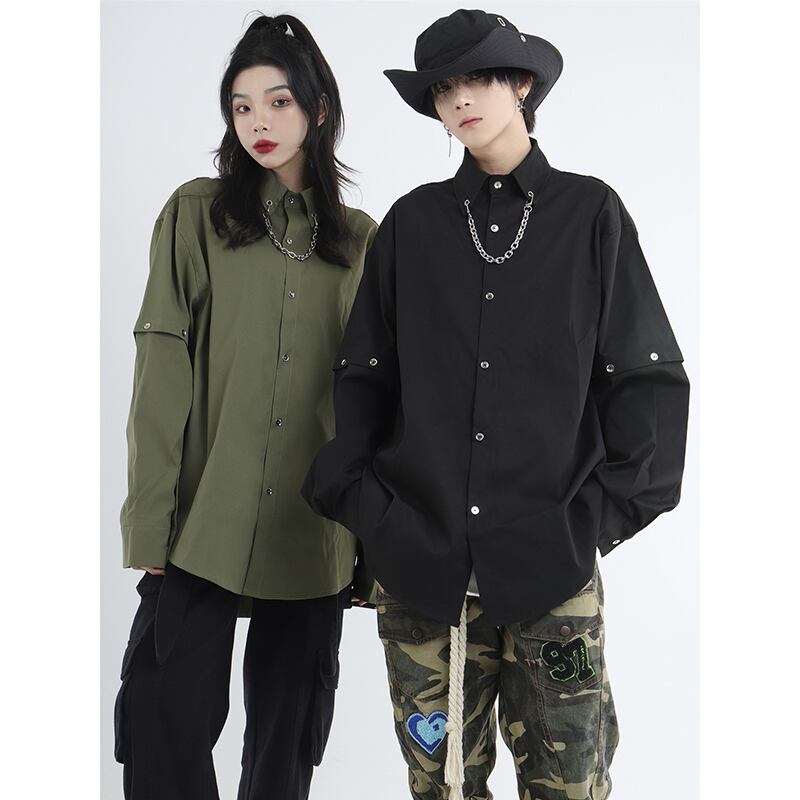 [Istudios Series]★Shirt with chain★ 2color tops long sleeve shirt short sleeve shirt unisex men's black green