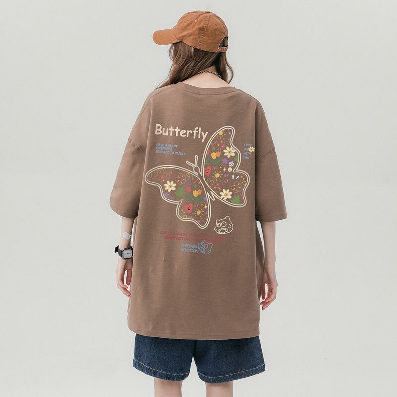 [Wrzb Series]★T-shirt★ Tops 5color Unisex Men's Butterfly Red Gray Black Blue Brown Easy to match