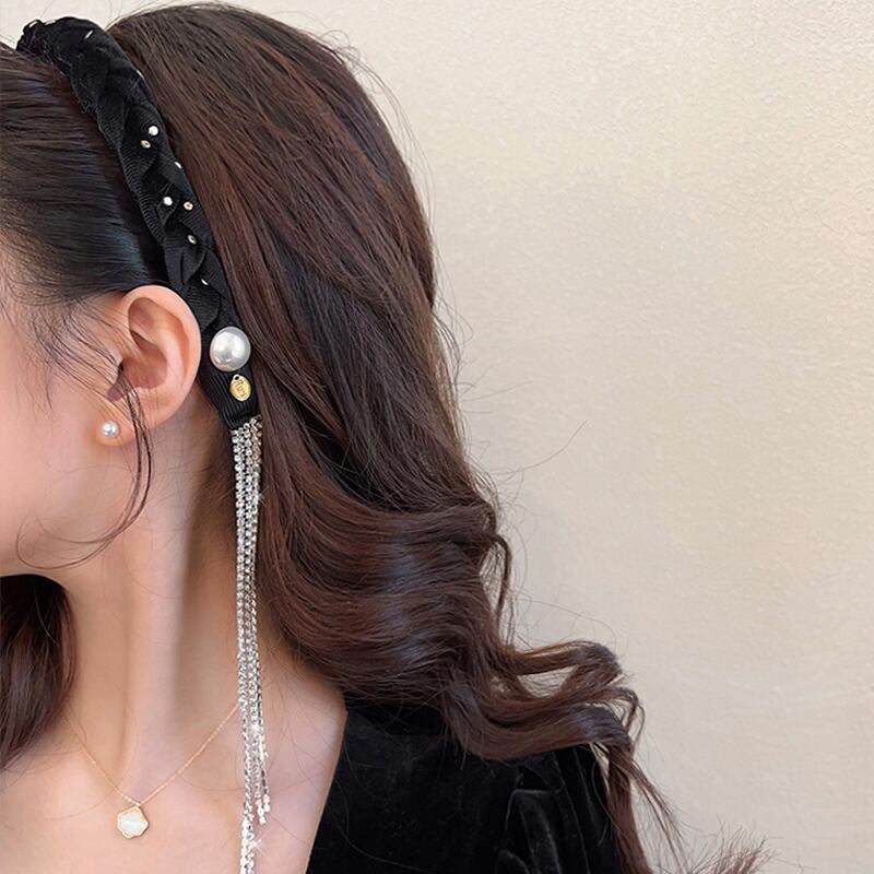 [Rainou Series] ★Headband★ 2color Hair Ornament Accessory Velvet Black Black Asymmetrical Fringe