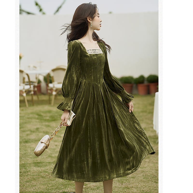 [Kasa Castle Series] ★One Piece★ Velvet Retro Green Green SML XL Party Wedding Date