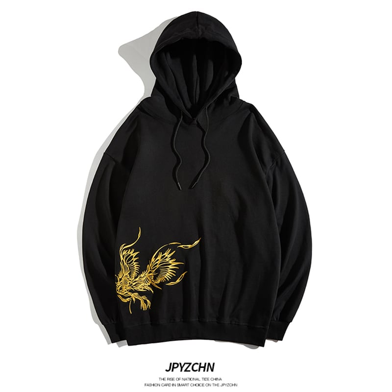 [Machiha clan series]★China style hoodie★ 2color black or white gold phoenix red phoenix embroidery stylish unique unisex men's