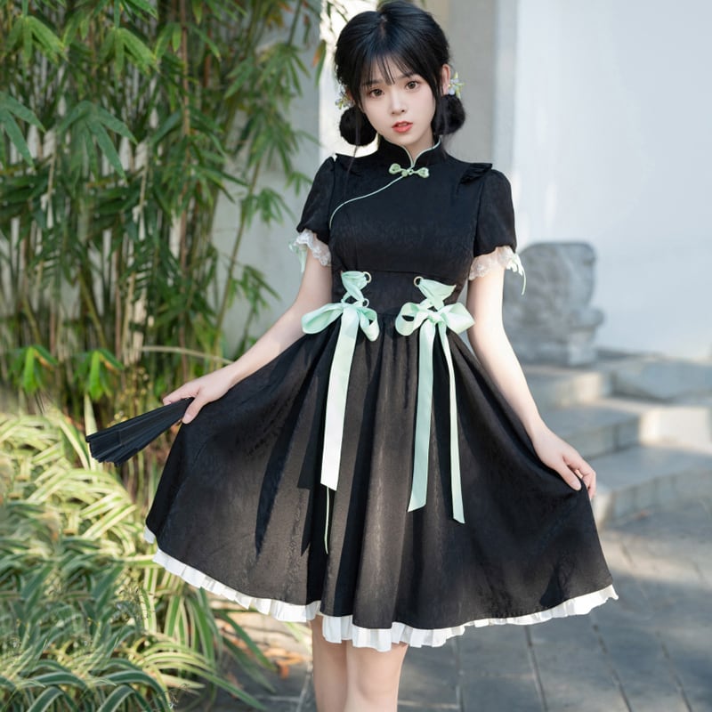 [Shukunsho Series] ★Chinese style dress★ Improved cheongsam dress Black Black Hanfu dress