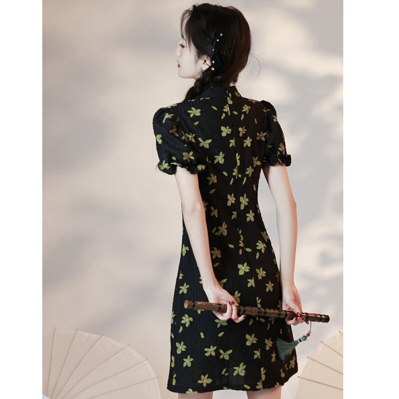 [YUEQIAO Series]★China Dress★ Improved Short Length Chinese Style Dress Chinese Clothes Cute Black Black