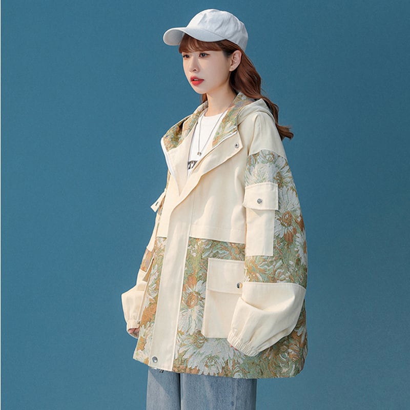 [Fujiiman Series]★Jacket★ Outerwear 2color Floral Pattern Switching Unisex Unique Large Size Beige Blue