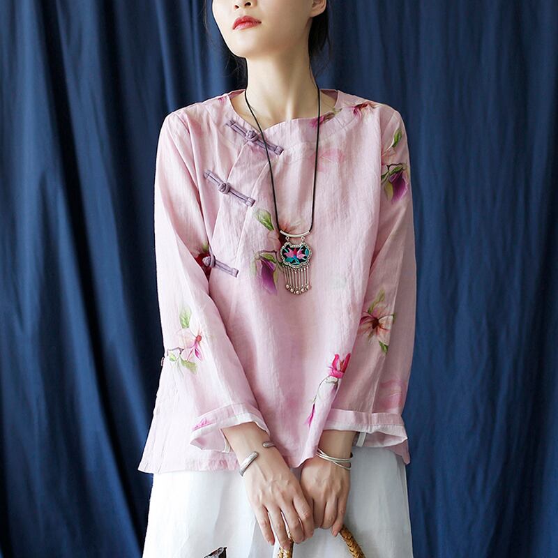 [Light ink series] ★China style tops★ Shirt Improved temperament Improved Tang suit Thin floral pattern Pink China button