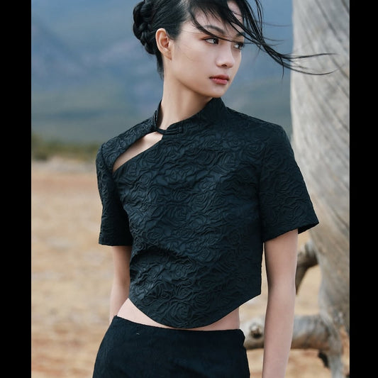 [Big Blue Dragon Series]★China style T-shirt★ Tops Lace Irregular Chinese button Mini length Black Black