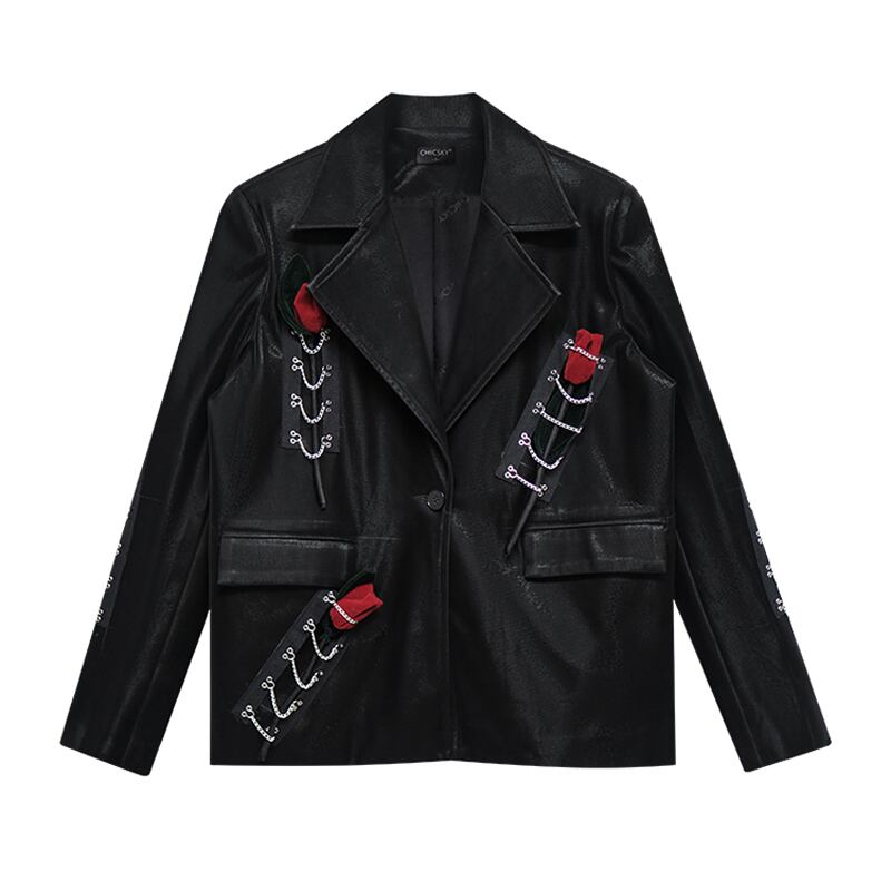 [chicsky---Kurono Series]★Blazer★ Outer PU Black Black Chain Rose SML Original