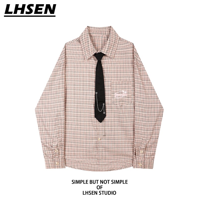 [LHSEN Series]★Shirt with tie★ Long sleeve shirt, plaid pattern, stylish, pink, cute, easy to match