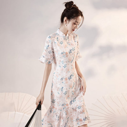 [YUEQIAO Series]★Cheongsam dress★Short length mermaid line Chinese style dress Chiffon Light pink