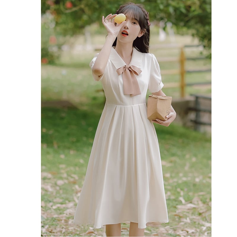 [Han Xuanwei Series] ★One Piece★ 2color Simple Cute Date Ribbon Beige Easy to Match Short Sleeve Dress