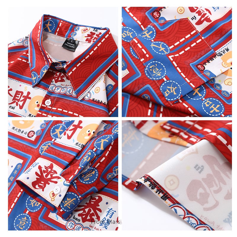 [BEAT BOY Series] ★Retro Shirt★ Printed Long Sleeve Shirt Tops Unisex Men's Text Pattern Red Red