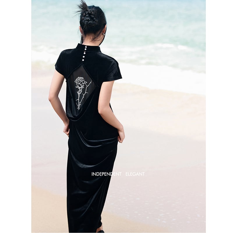 [Da Qinglong Shu Series] ★China style dress★ Improved cheongsam dress, velvet, improves temperament, long length, black