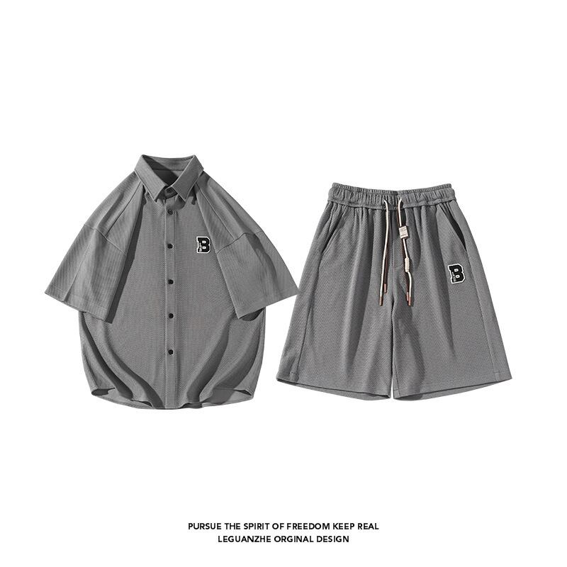 [BIGEMAN Series]★Setup★ Shirt + Shorts 2color Top and Bottom Set Unisex Men's Large Size Gray Black