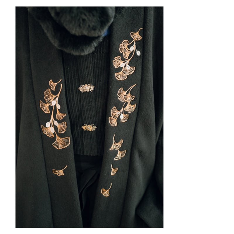 [Kokaisha --- Leaf Series] ★China style coat★ 2color embroidery outerwear long length Hanfu coat black gray