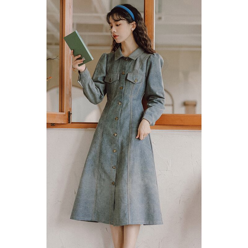 [YUJIAN Series] ★Dress★ Denim dress Retro Easy to match Date Improves temperament Commuting Blue Blue