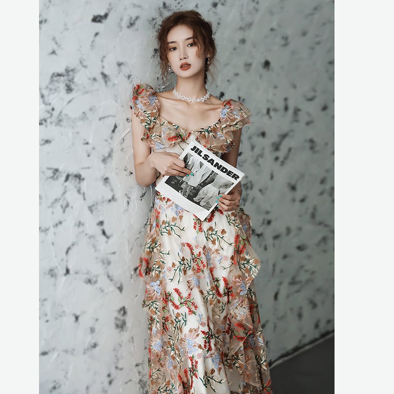 [YUWANRU Series] ★Party Dress★ Embroidery Dress Floral Pattern Sexy Party Dress Wedding