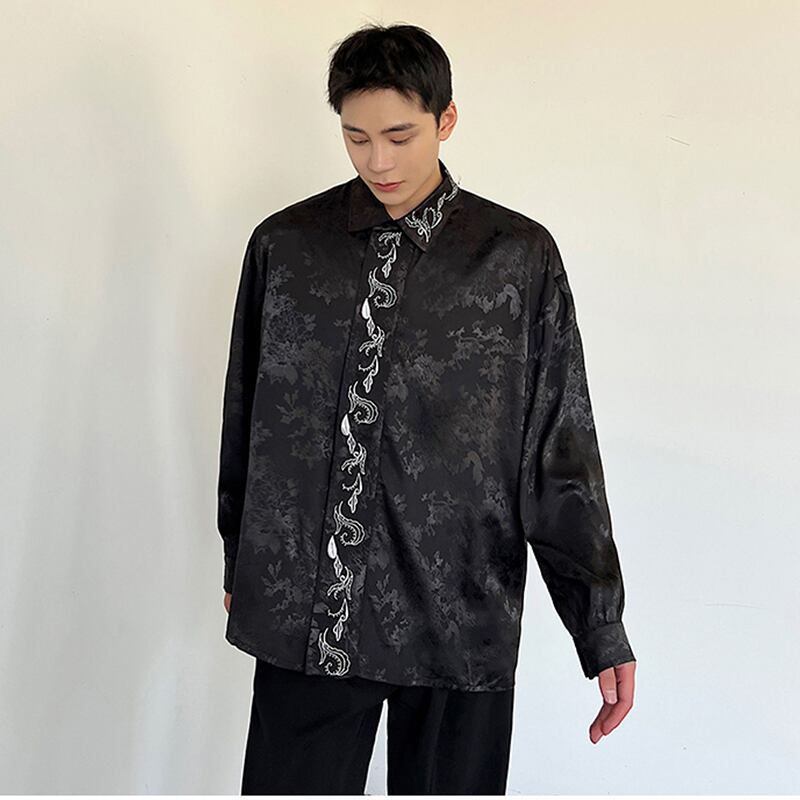 [Illustrated series] ★China style shirt★ Embroidery 2color tops long sleeve shirt unisex men's loose fit black white