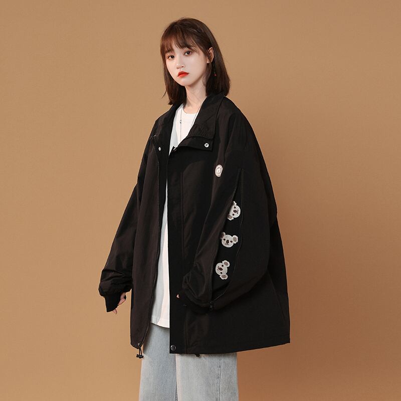 [Fujiiman Series] ★Jacket★ Outerwear 3 colors Koala on the sleeves Unisex Beige Black Gray