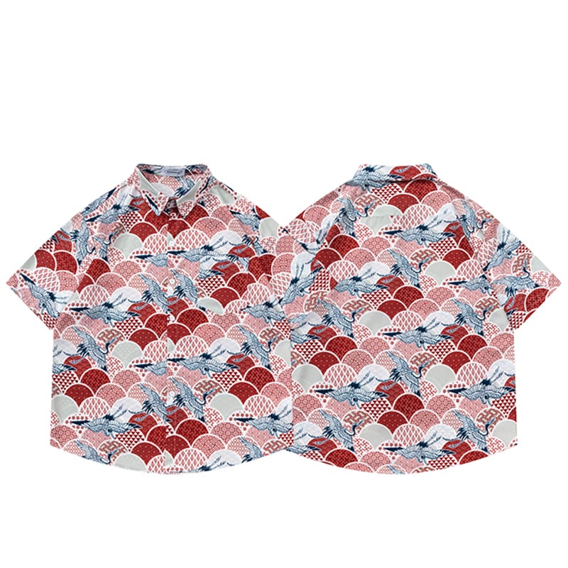 [TRAVEL ISSUANCE Series]★Shirt★ Hawaii Aloha Shirt Crane Unisex Men's Red Short Sleeve Shirt