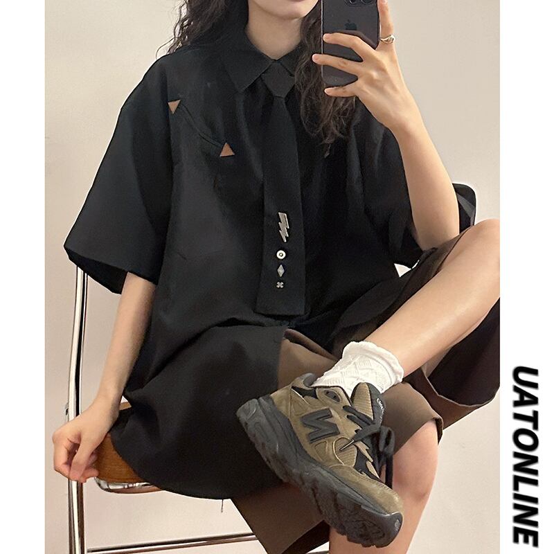 [UATONLINE Series]★Shirt with tie★ Tops, short sleeve shirt, unique, unisex, men's black, black