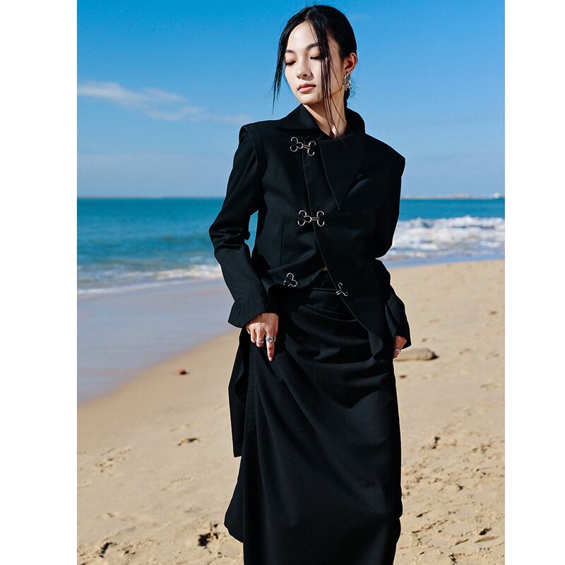 [Daiseiryusu Series]★China style blazer★Outer slim switching retro black black irregular