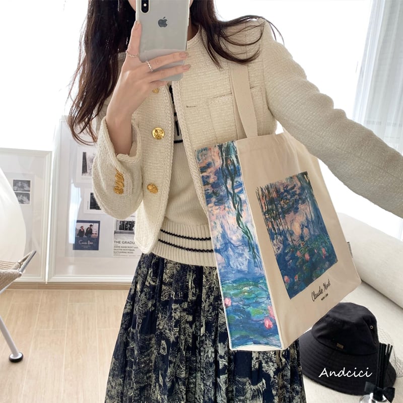 [Andcici Series] ★Bag★ Large capacity oil painting style campus bag for commuting to work or school, date, casual, blue, blue