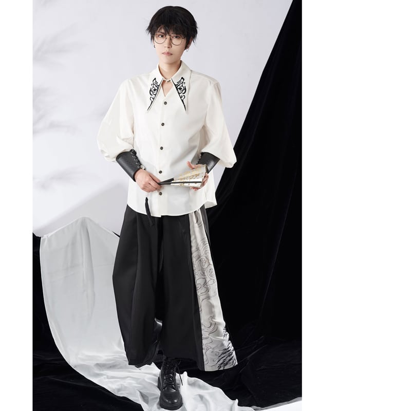 [Kyodo Series]★China style pants★Bottoms Embroidery Unisex Black Easy to match Switchable