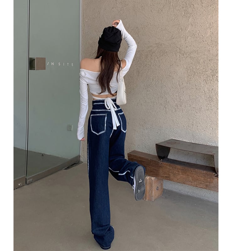 [Left Little Sister Series]★Denim Pants★ Gaucho Pants High Waist Fashion Slimming Blue Blue SML XL