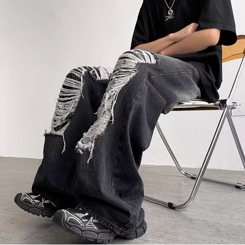 [Leonbinno Series]★Denim pants★ 2color bottoms pants unisex men's distressed fashion black blue